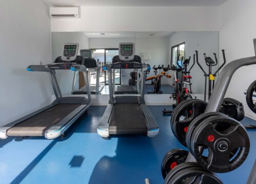 une salle de sport avec un tapis roulant et un vélo d' exercice