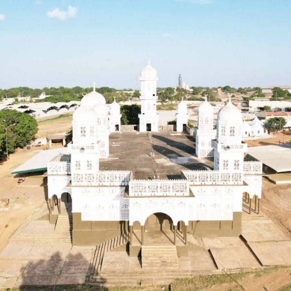 an aerial view of a mosque with a blue sky in the background