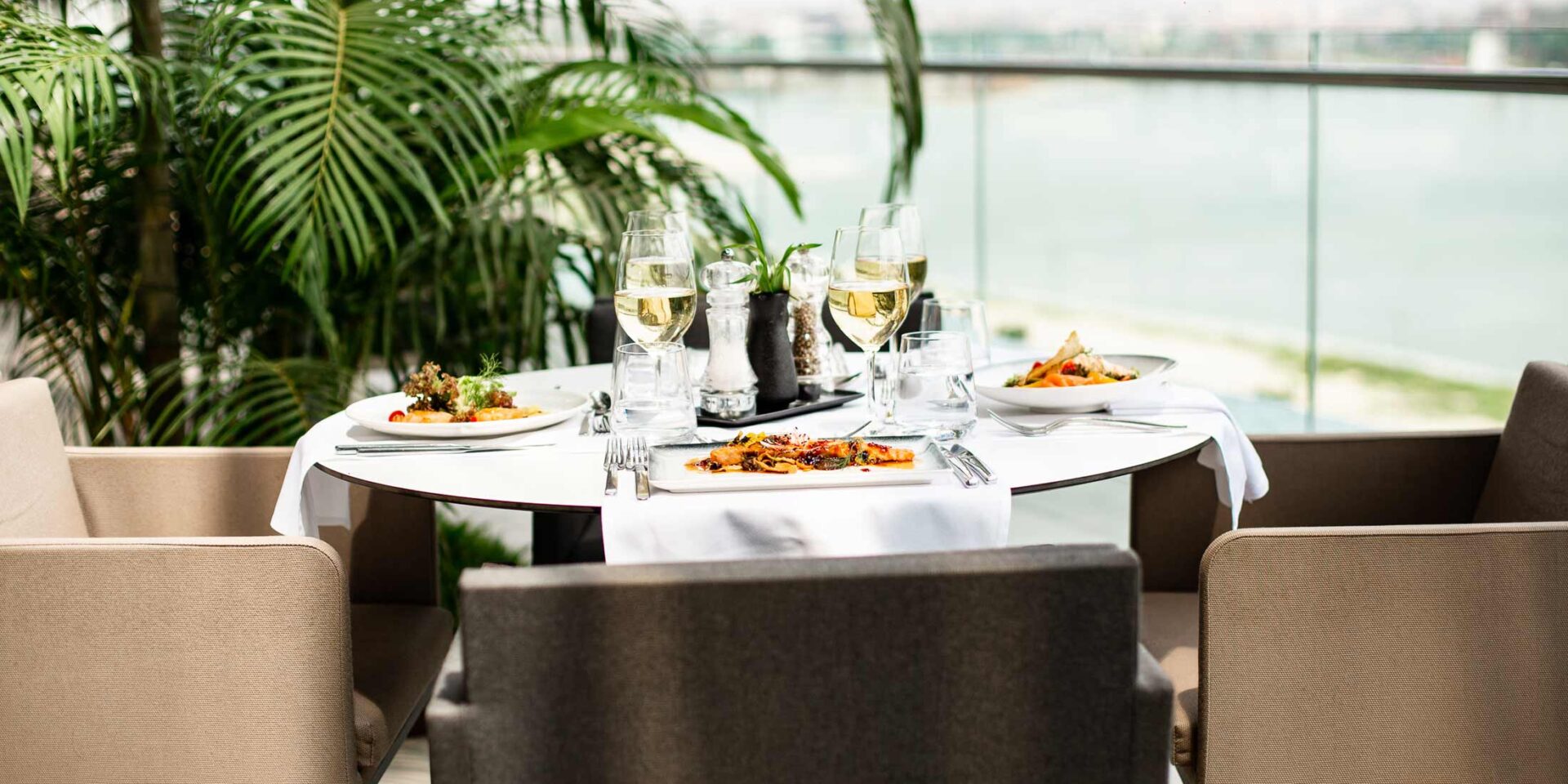 a table with plates of food and glasses of wine